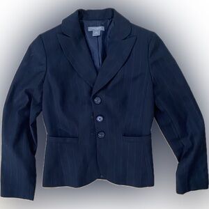 Navy blue blazer with pin stripes in blue.